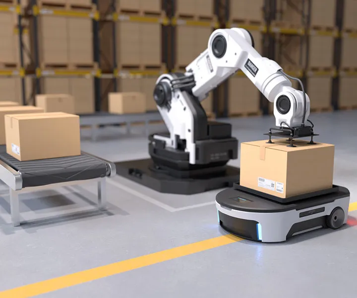 The Robot arm picks up the box to Autonomous Robot transportation in warehouses, Warehouse automation concept